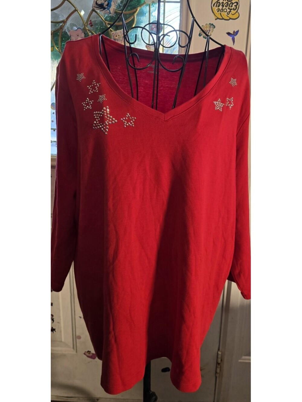 Women Studio Works Red Studded Top Shirt Stars 2X 3/4 Sleeve Vneck 100% Cotton